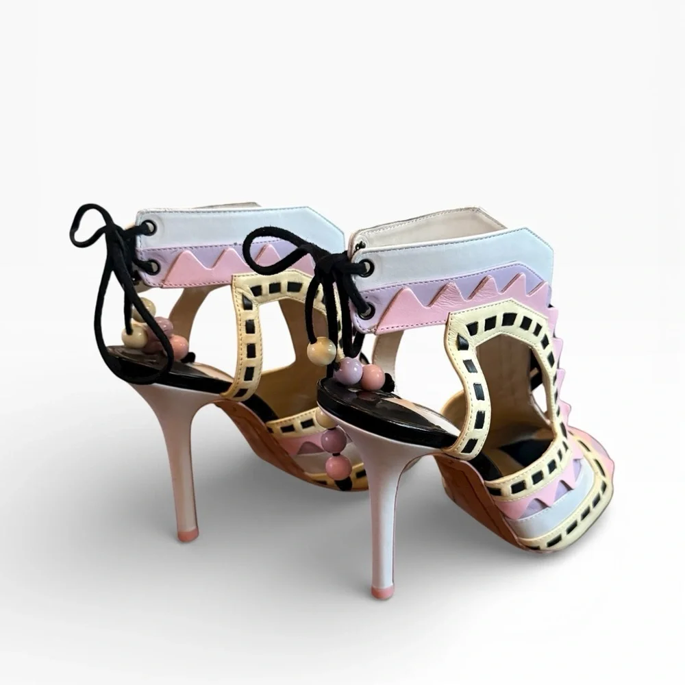 Sophia Webster Riko Leather Pastel Multicolor Cut-Out Lace-Up Heels EU 37 US 7